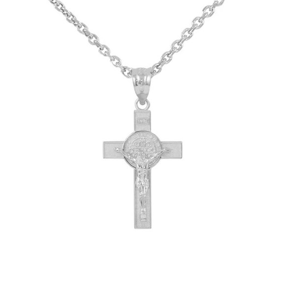 10k White Gold Small St Benedict Crucifix Necklace